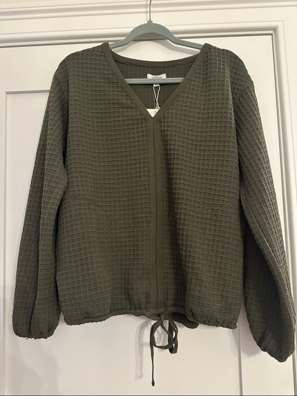 Max Studio Army Green Waffle Knit V-Neck Top